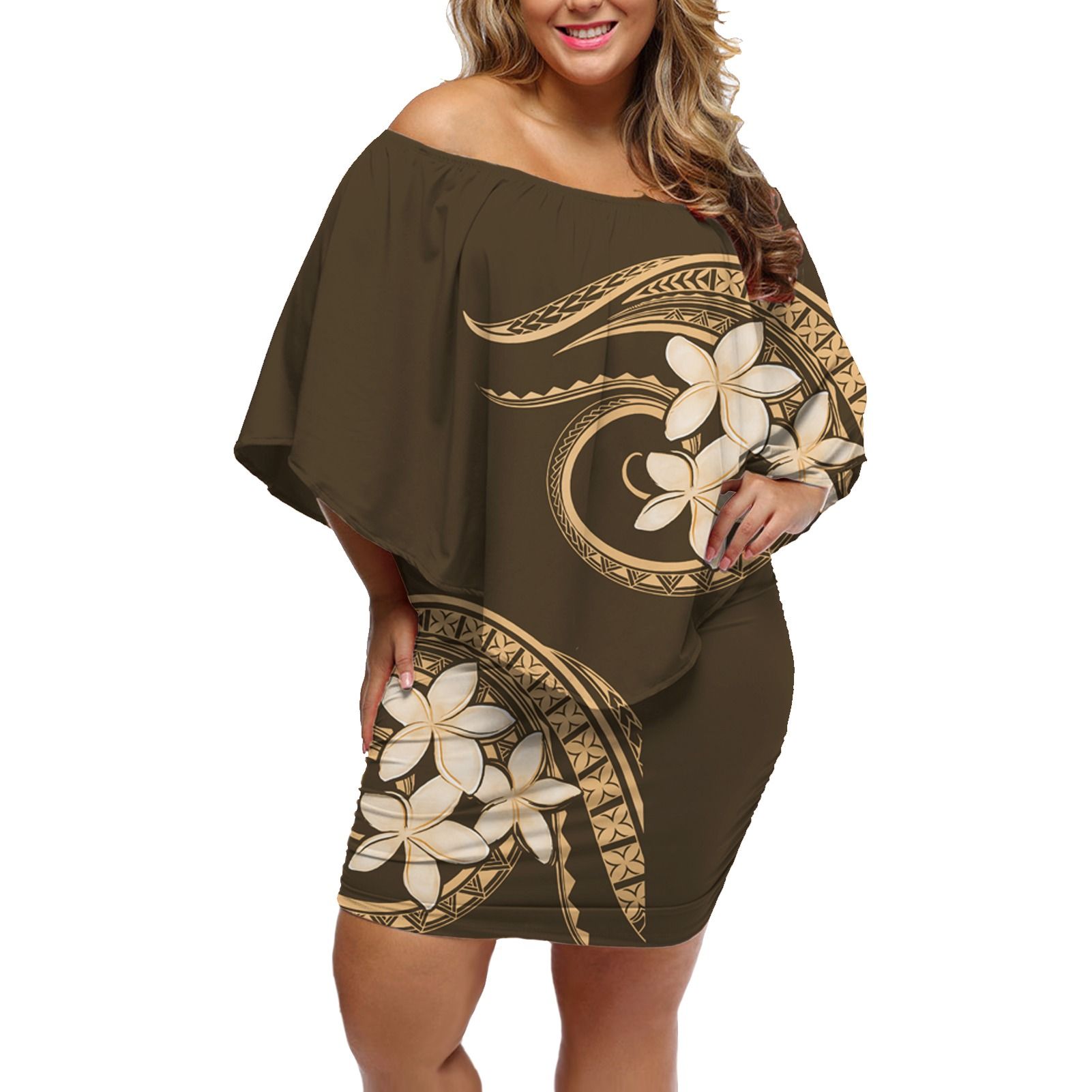Polynesian Pride Dress - Plumeria Polynesian Brown Off Shoulder Short Dress Women Brown - Polynesian Pride