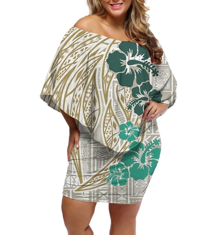 Polynesian Pride Dress - Masi Tapa Green Hibiscus Off Shoulder Short Dress Women White - Polynesian Pride