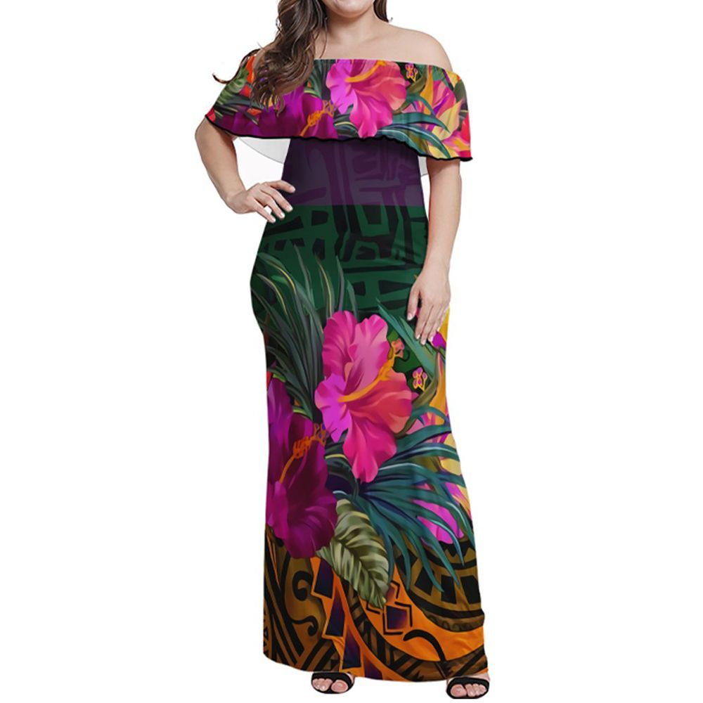Polynesian Pride Dress - Tropical Hibiscus Polynesian Off Shoulder Long Dress Long Dress Black - Polynesian Pride