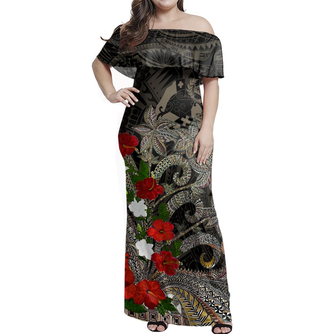 Polynesian Pride Dress - Tonga Hibiscus Tapa Kupesi Off Shoulder Long Dress Long Dress Black - Polynesian Pride