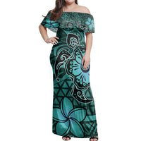 Polynesian Pride Dress - Hawaii Mix Polynesian Turtle Plumeria Nick Style Turquoise Off Shoulder Long Dress Long Dress Blue - Polynesian Pride