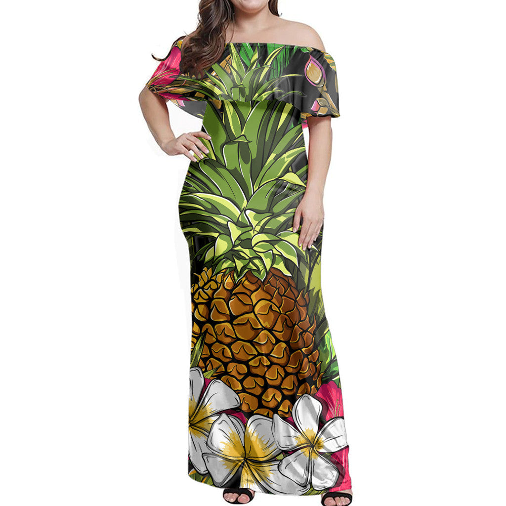 Polynesian Pride Dress - Hawaii Tropical Flowers Pineapple Off Shoulder Long Dress Long Dress Orange - Polynesian Pride