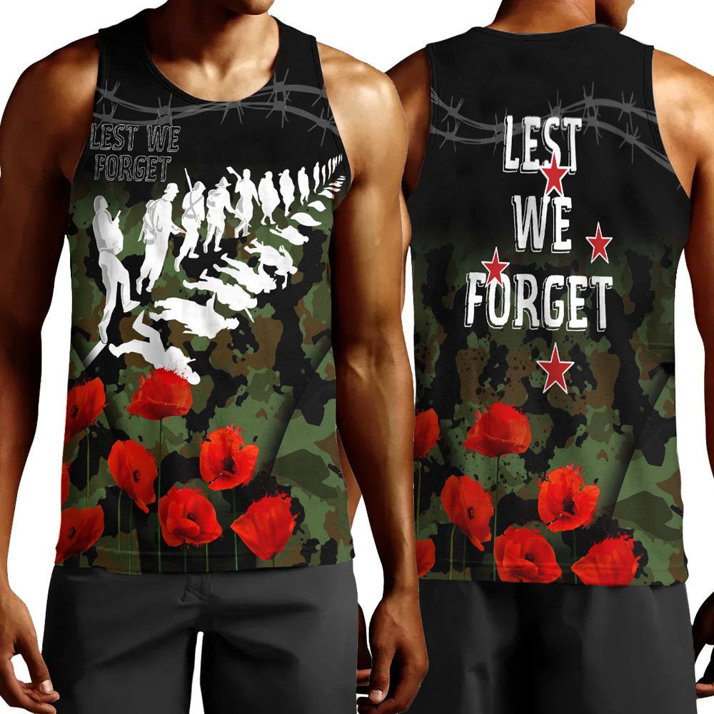 Polynesian Pride Clothing - New Zealand Anzac Lest We Forget Poppy Camo Men Tank Top Black - Polynesian Pride