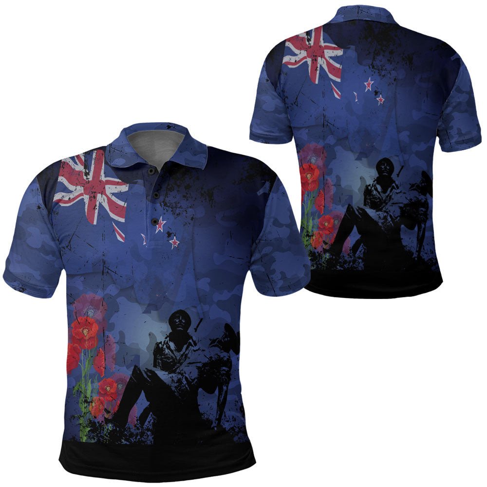Polynesian Pride Clothing New Zealand ANZAC Day Soldier and Poppy Camouflage Polo Shirt Black - Polynesian Pride