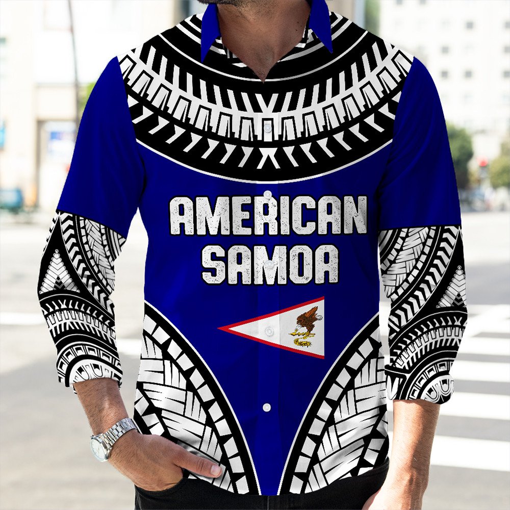 Polynesian Pride Long Sleeve Button Shirt - American Samoa Tattoo Chief Long Sleeve Button Shirt LT10 Unisex Blue - Polynesian Pride