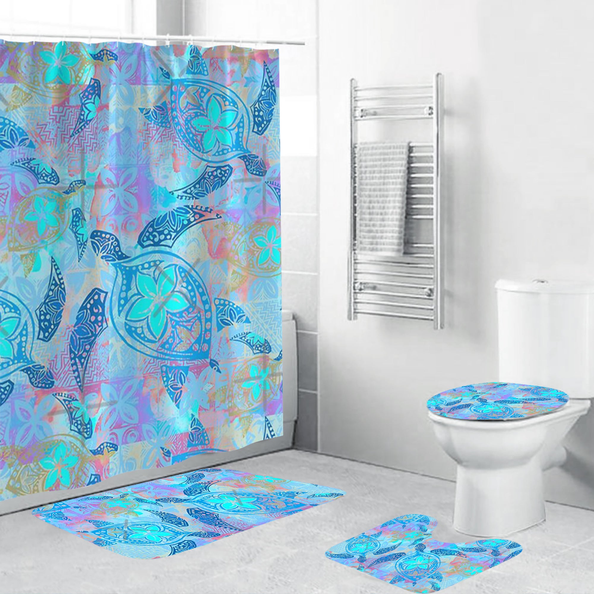 Polynesian Home Set - Vintage Tapa Turtle Print Bathroom Set LT10 Blue - Polynesian Pride