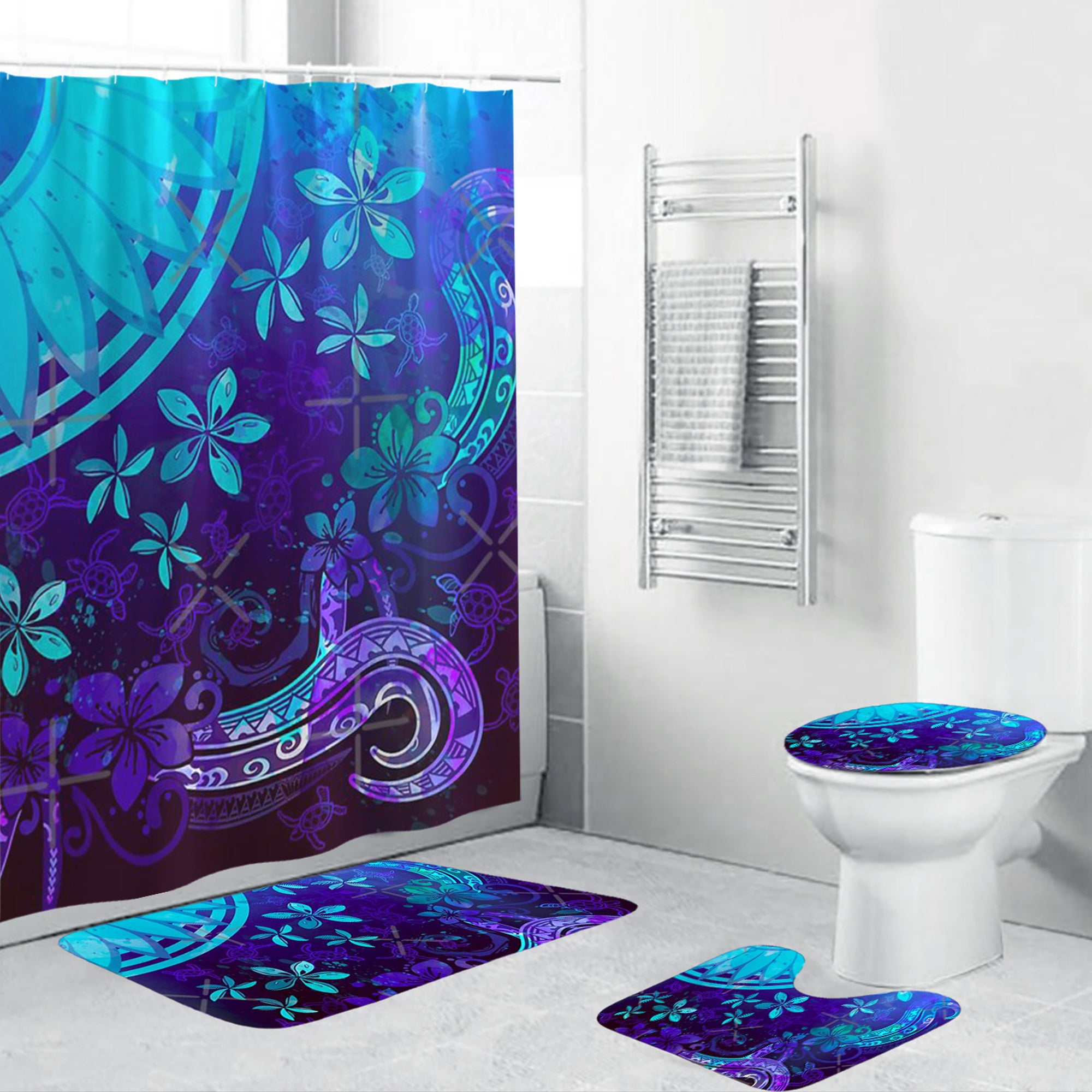 Polynesian Home Set - Polynesian Tribal Watercolor Surfacing Splash Bathroom Set LT10 Blue - Polynesian Pride