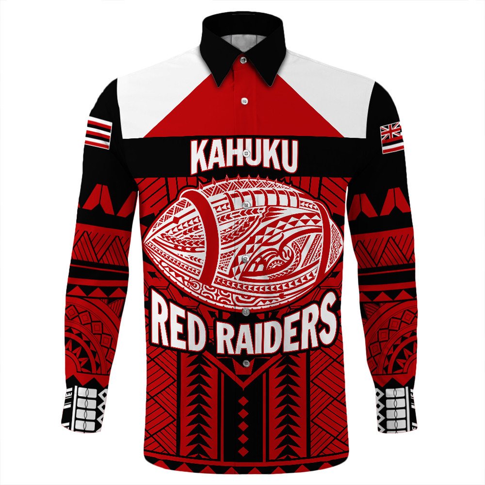 Polynesian Pride Shirt - Personalized Hawaiian High Kahuku Football Long Sleeve Button Shirt LT10 Unisex Red - Polynesian Pride