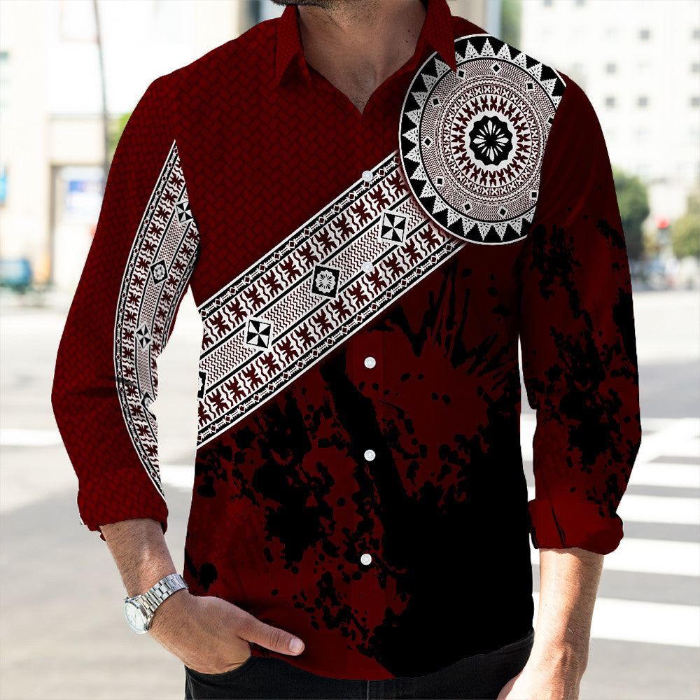 Polynesian Pride Shirt - Fiji Masa Paint Style Long Sleeve Button Shirt LT10 Unisex Red - Polynesian Pride