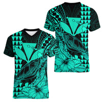 Kakau Polynesian Tribal Hawaiian Turtle with Kanaka Maoli Turquoise Women V Neck T Shirt LT9 Female Turquoise - Polynesian Pride