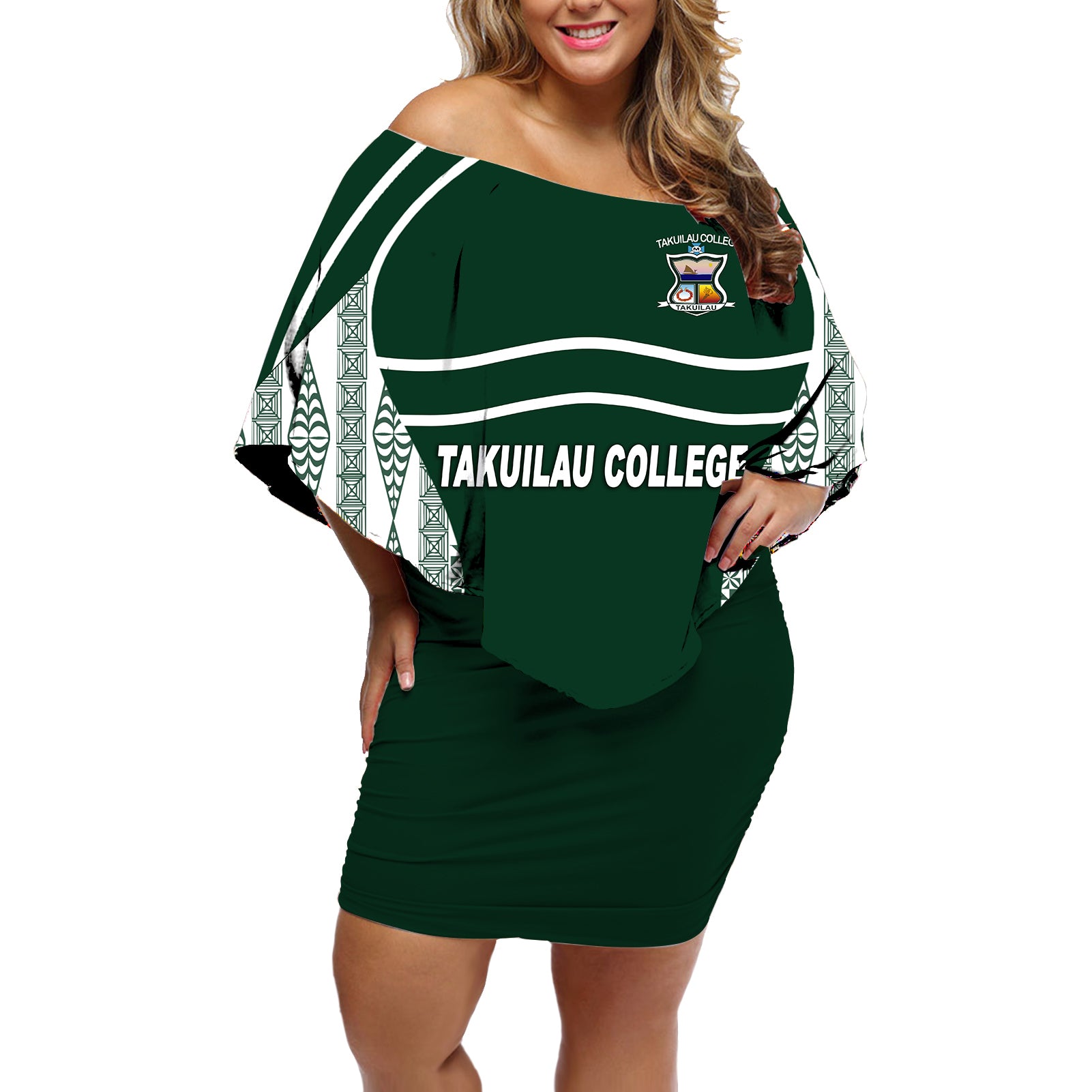 Takuilau College Tongan Patterns Off Shoulder Short Dress - LT12 Women Green - Polynesian Pride