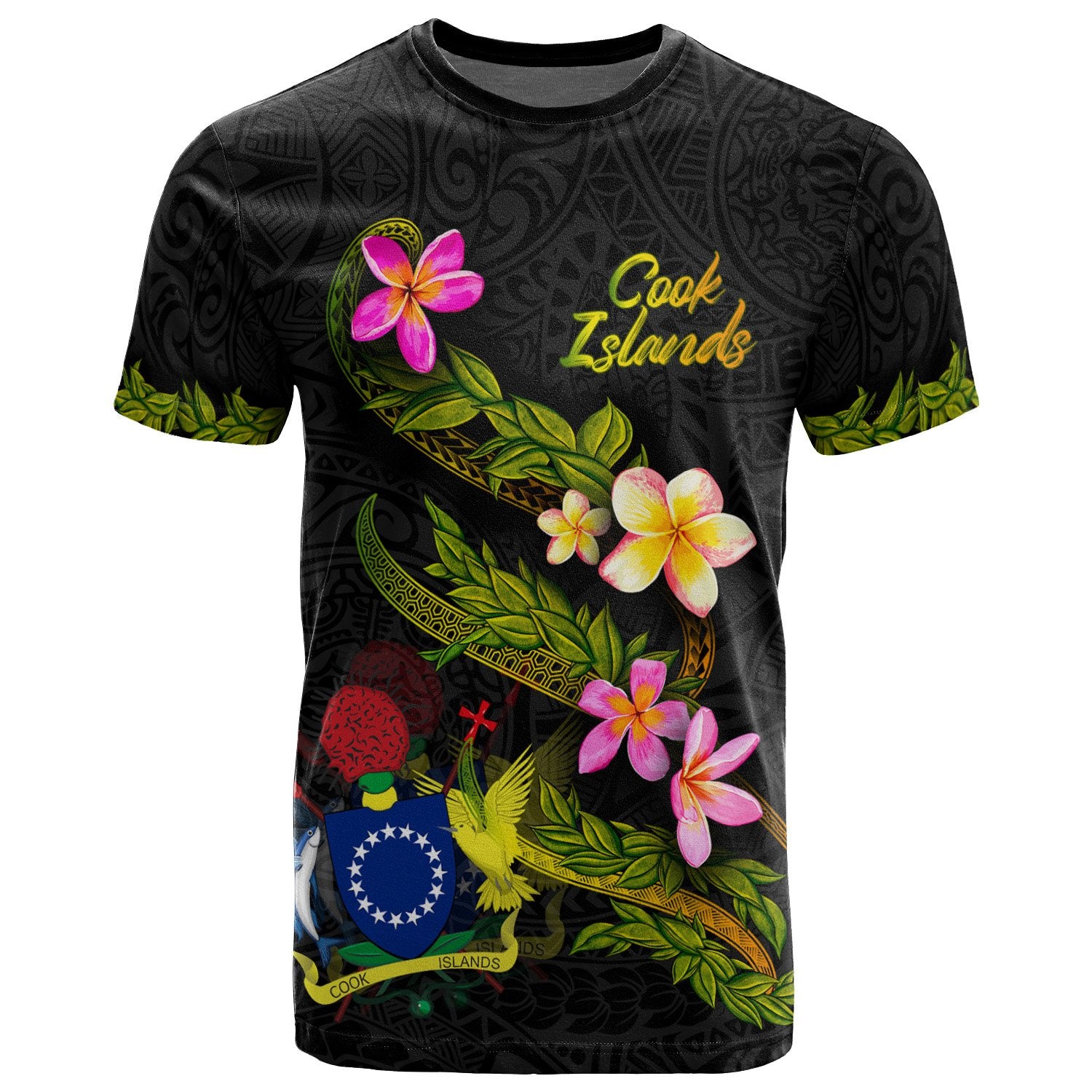 Cook Islands Polynesian T Shirt Plumeria Tribal Unisex Black - Polynesian Pride