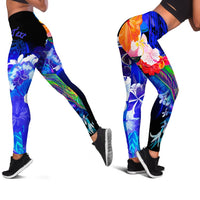 Custom Personalised Samoa Leggings - Humpback Whale with Tropical Flowers (Blue) Blue - Polynesian Pride