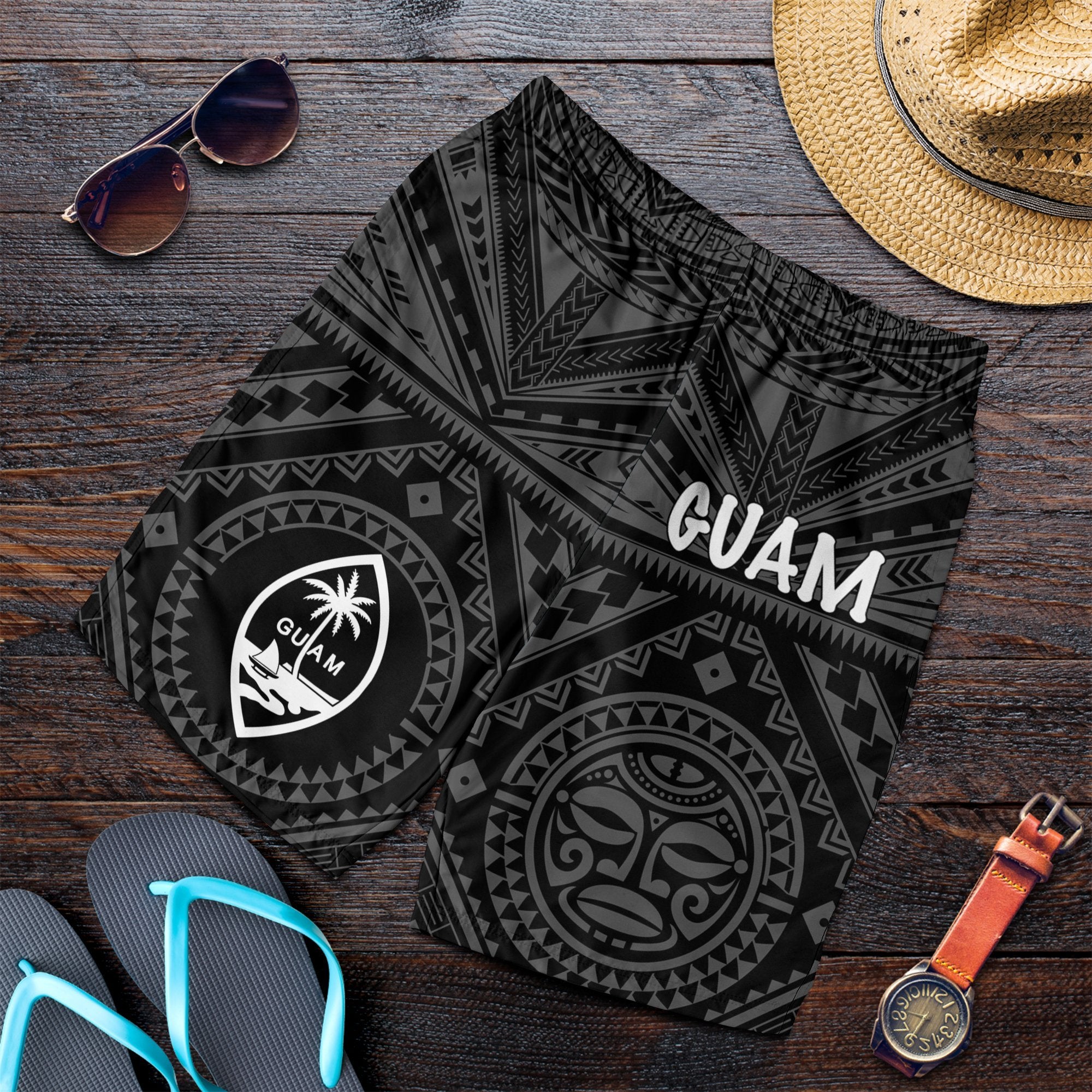 Guam Men's Short - Guam Seal With Polynesian Tattoo Style (Black) - Polynesian Pride