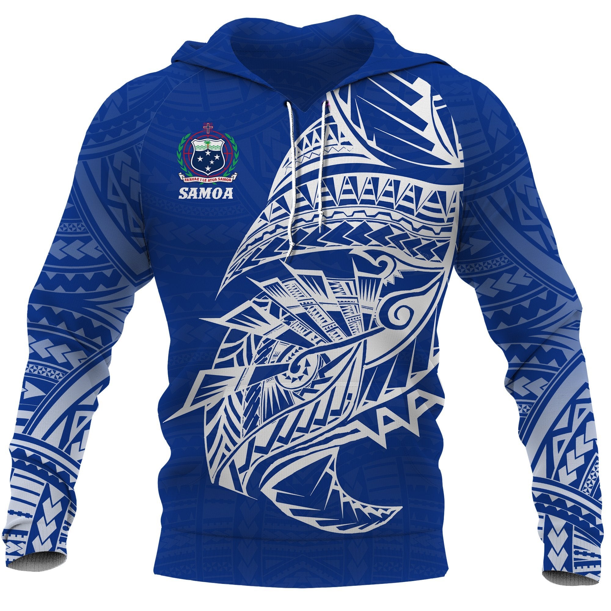 Samoa Rugby Hoodie Samoa Coat of Arms Polynesian Tattoo Style Blue - Polynesian Pride