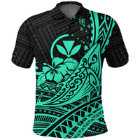 Hawaii Humpback Whale With Hibiscus Tribal Turquoise Polo Shirt - LT12 Blue - Polynesian Pride