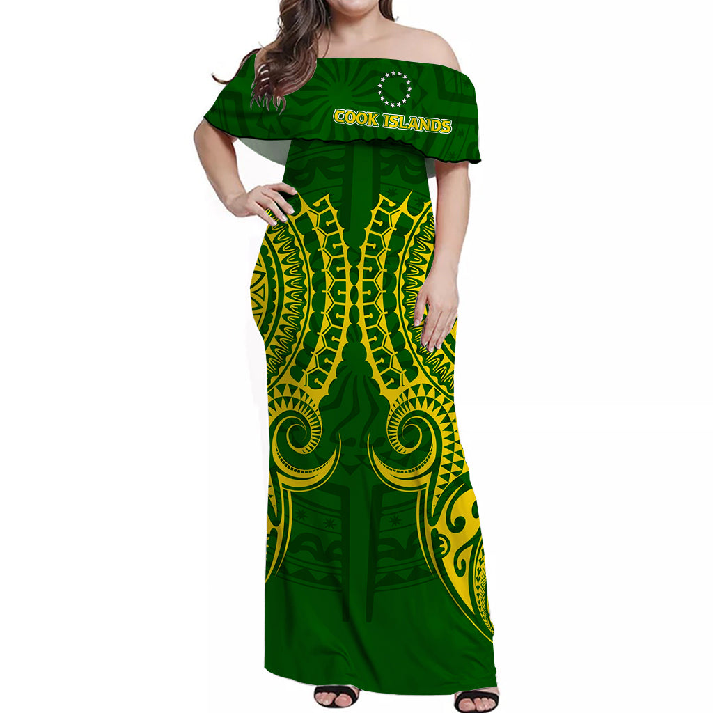 Cook Islands Off Shoulder Long Dress - Tribal Pattern - LT12 Long Dress Green - Polynesian Pride