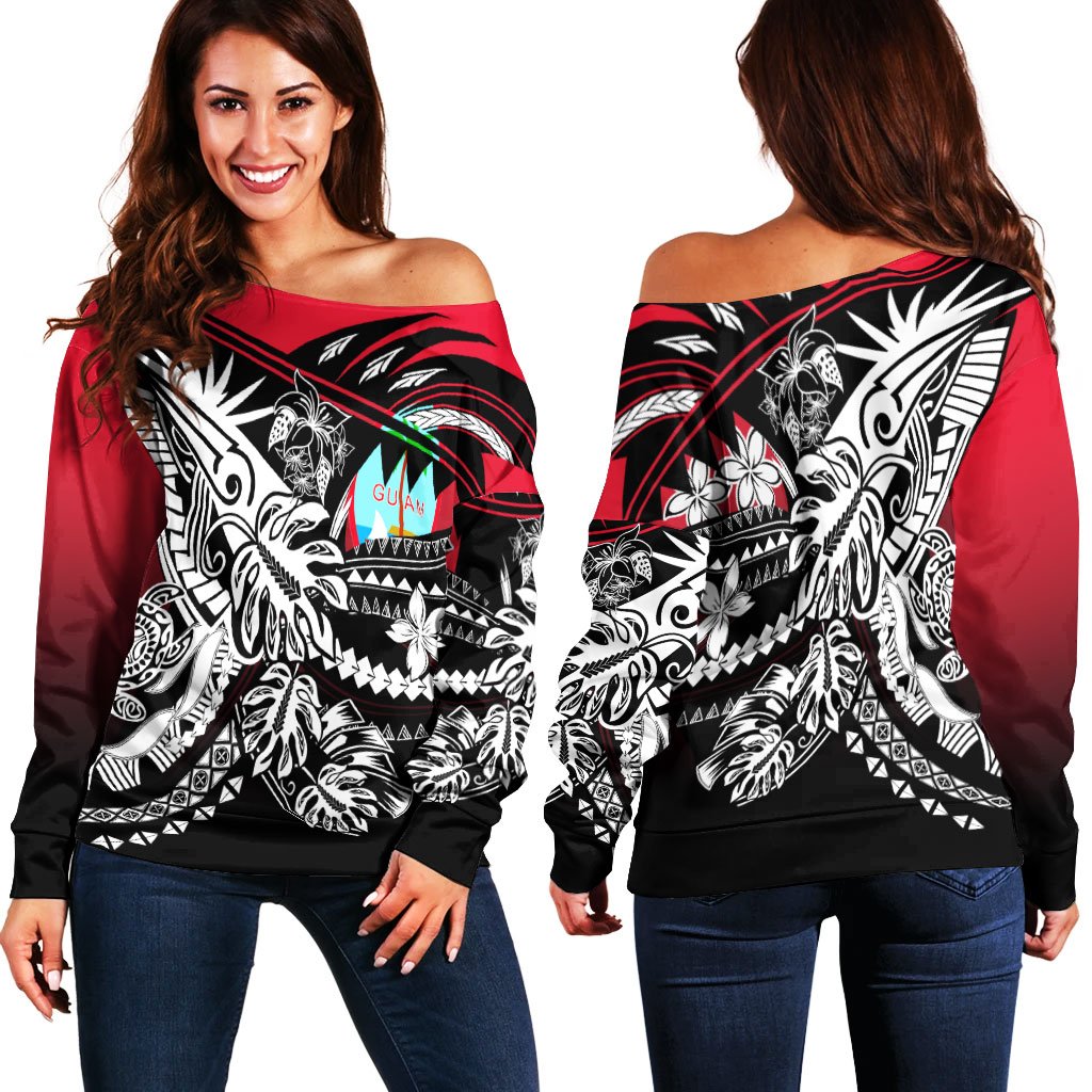 Guam Women's Off Shoulder Sweaters - Tribal Jungle Pattern Red Color Red - Polynesian Pride
