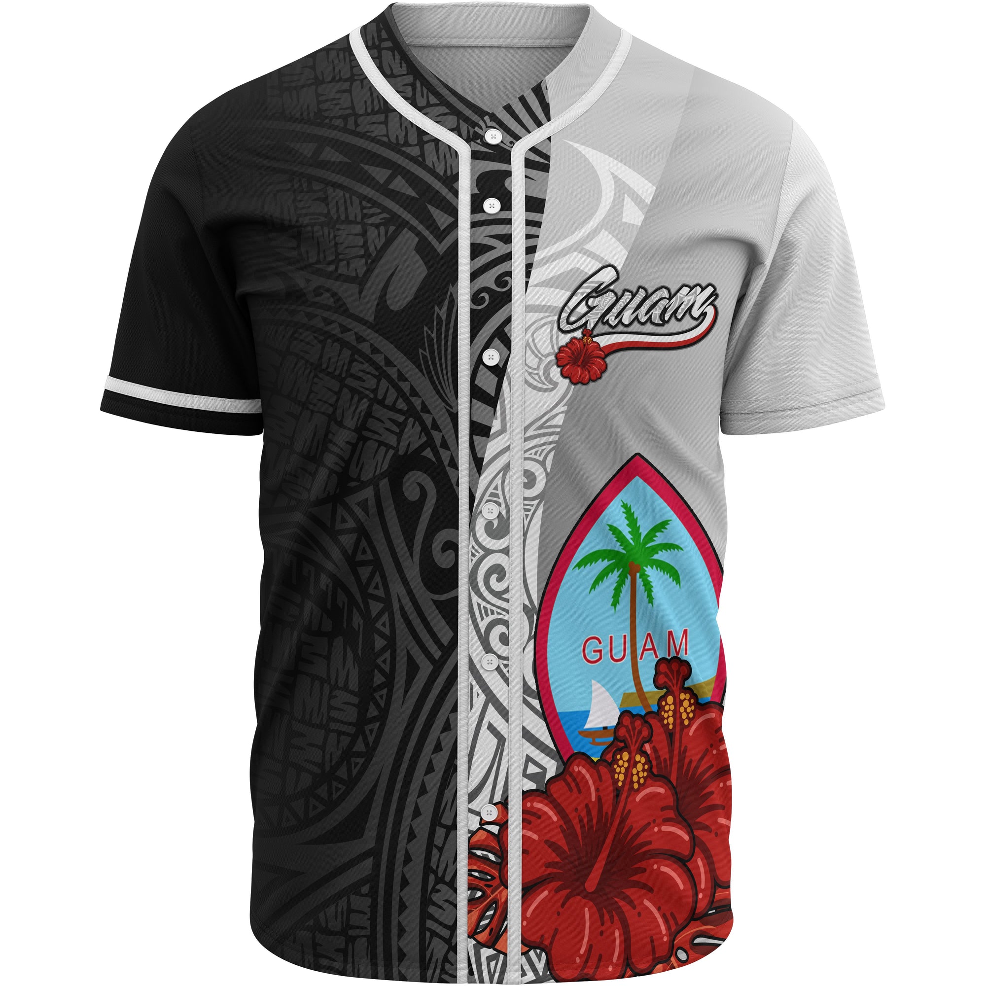 Guam Polynesian Baseball Shirt - Coat Of Arm With Hibiscus White Unisex White - Polynesian Pride