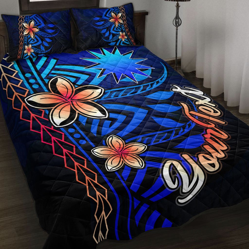 Nauru Custom Personalised Quilt Bed Set - Vintage Tribal Mountain Blue - Polynesian Pride