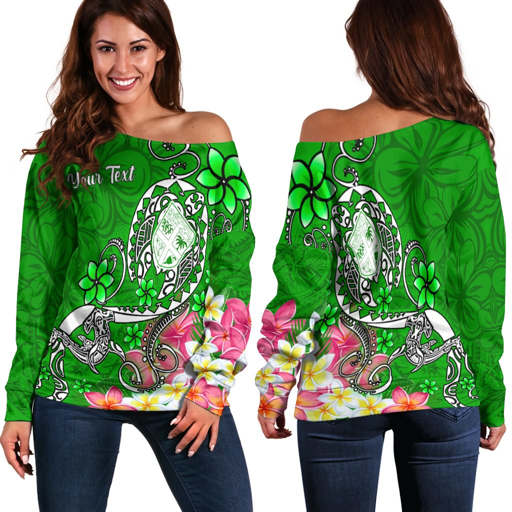 Fiji Custom Personalised Women's Off Shoulder Sweater - Turtle Plumeria (Green) Green - Polynesian Pride