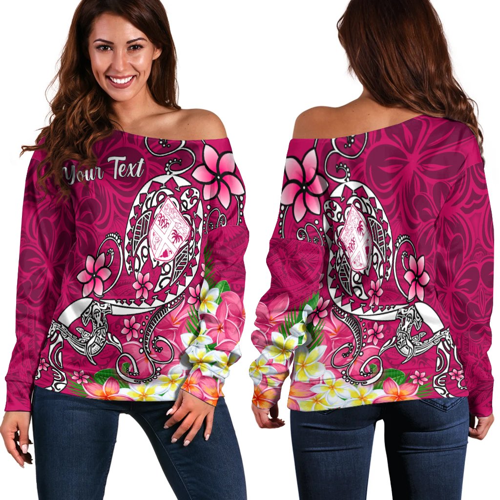 Fiji Custom Personalised Women's Off Shoulder Sweater - Turtle Plumeria (Pink) Pink - Polynesian Pride