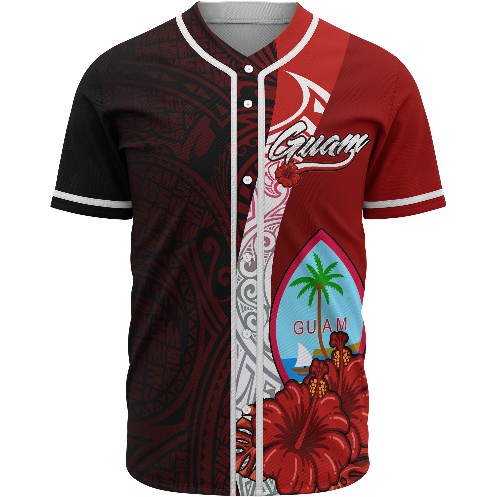 Guam Polynesian Baseball Shirt - Coat Of Arm With Hibiscus Unisex Red - Polynesian Pride