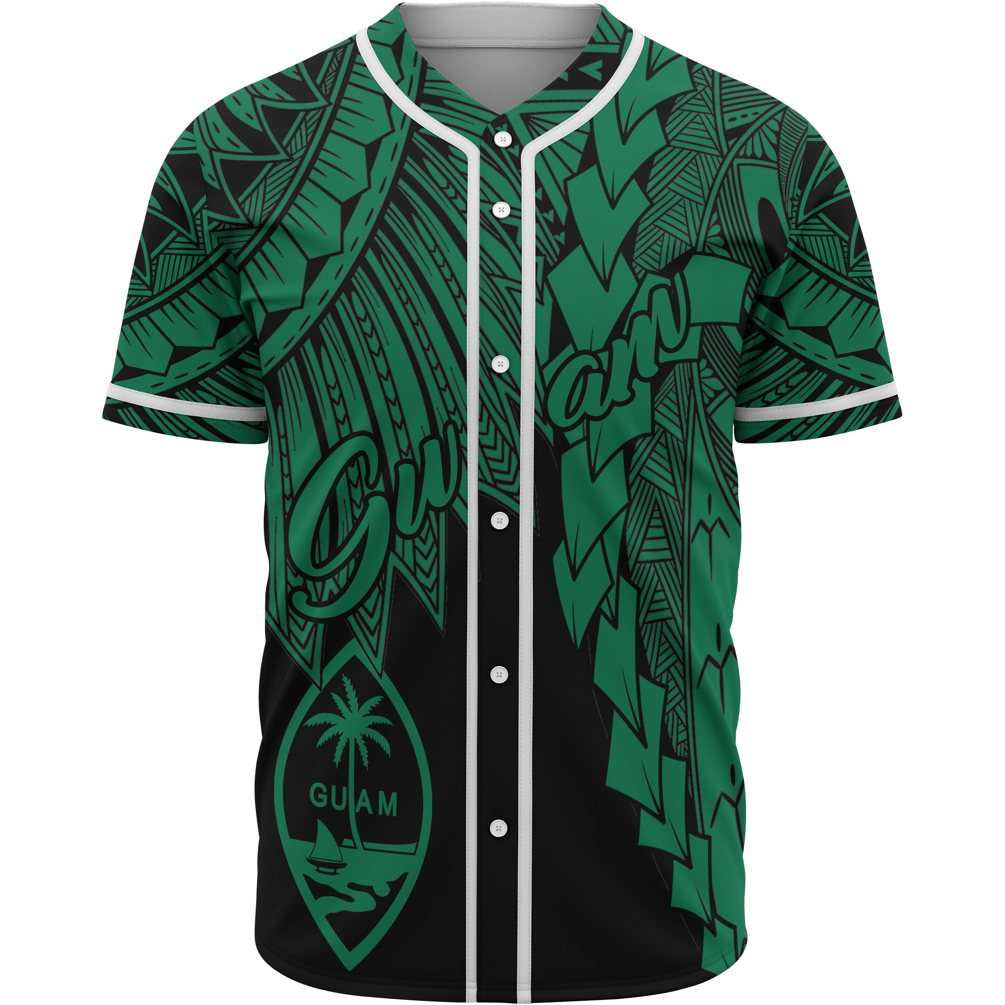 Guam Polynesian Baseball Shirt - Tribal Wave Tattoo Green Unisex Green - Polynesian Pride