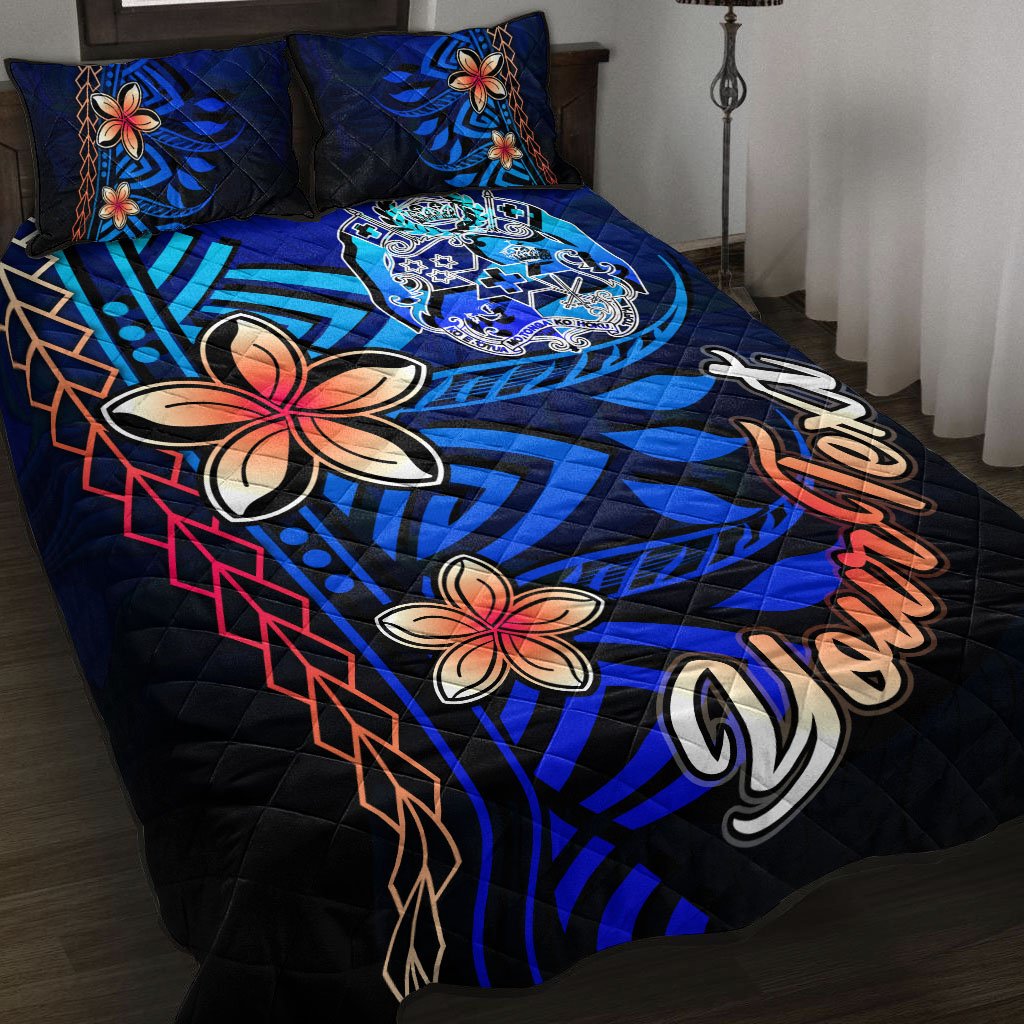 Tonga Custom Personalised Quilt Bed Set - Vintage Tribal Mountain Blue - Polynesian Pride