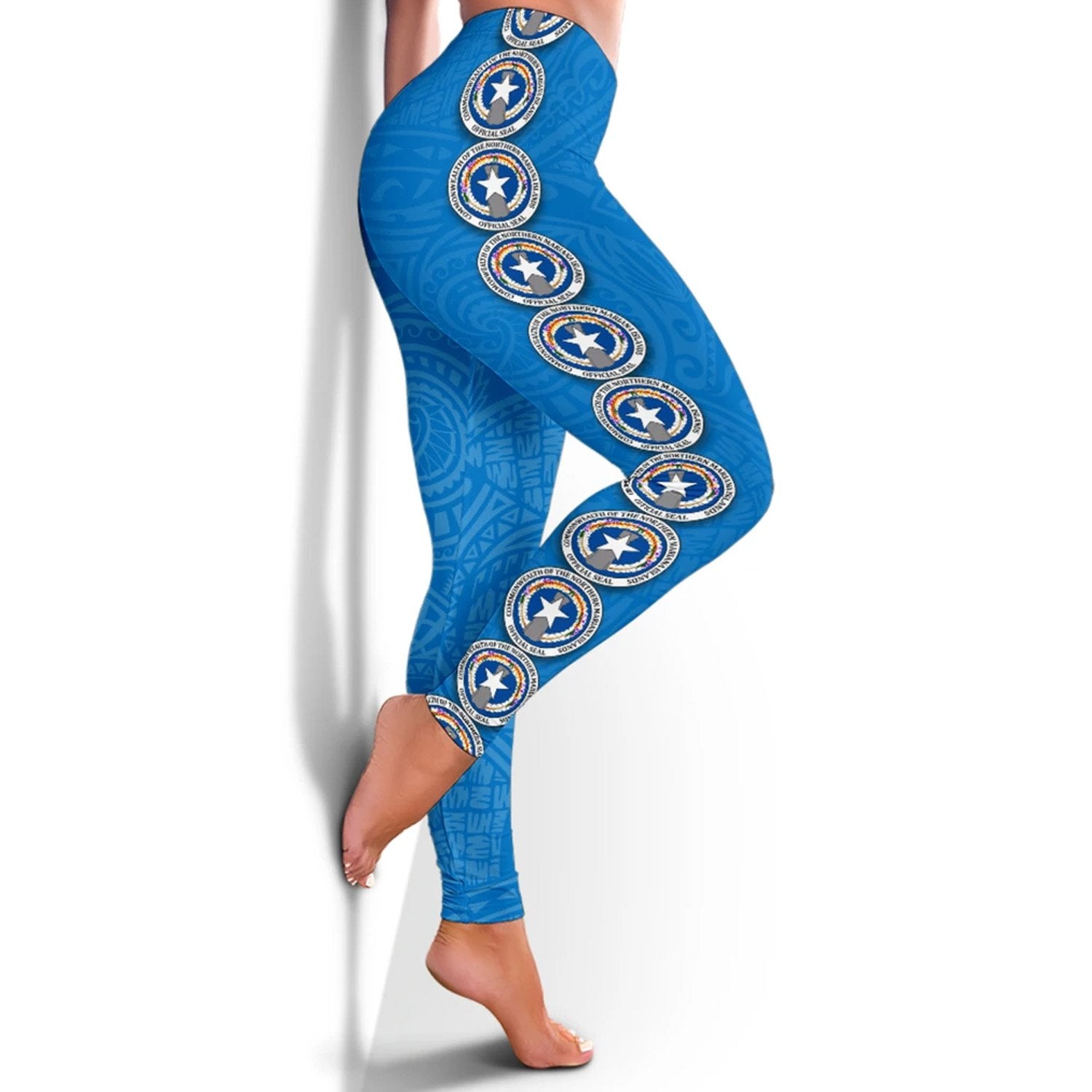 Northern Mariana Islands Polynesian Legging - Coat Of Arm Linked Style Blue - Polynesian Pride