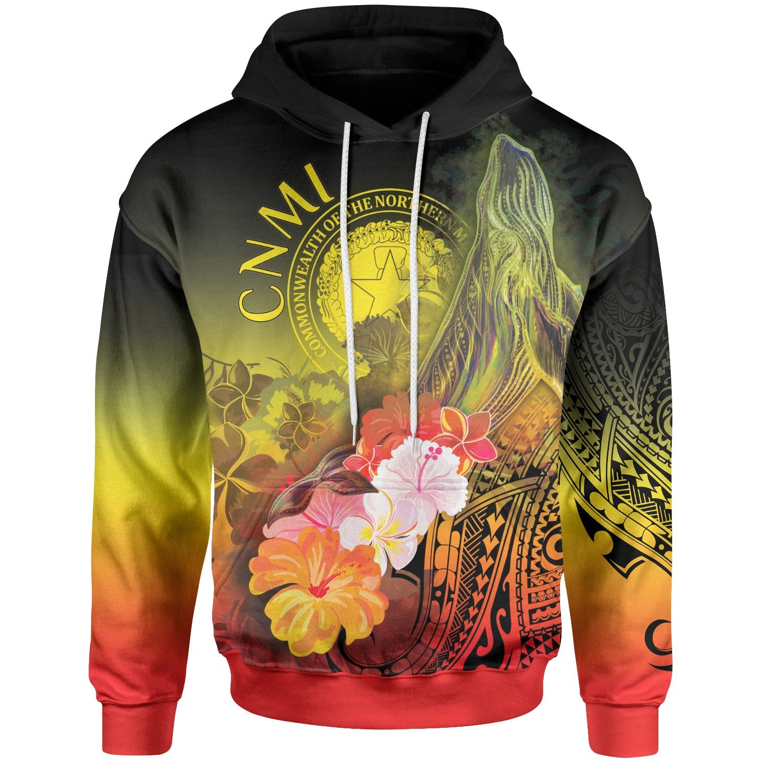 CNMI Hoodie Humpback Whale with Tropical Flowers (Yellow) Unisex Yellow - Polynesian Pride