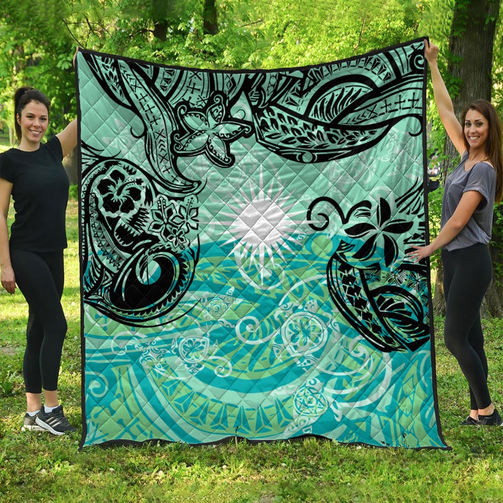 Marshall Islands Premium Quilt - Vintage Floral Pattern Green Color Green - Polynesian Pride
