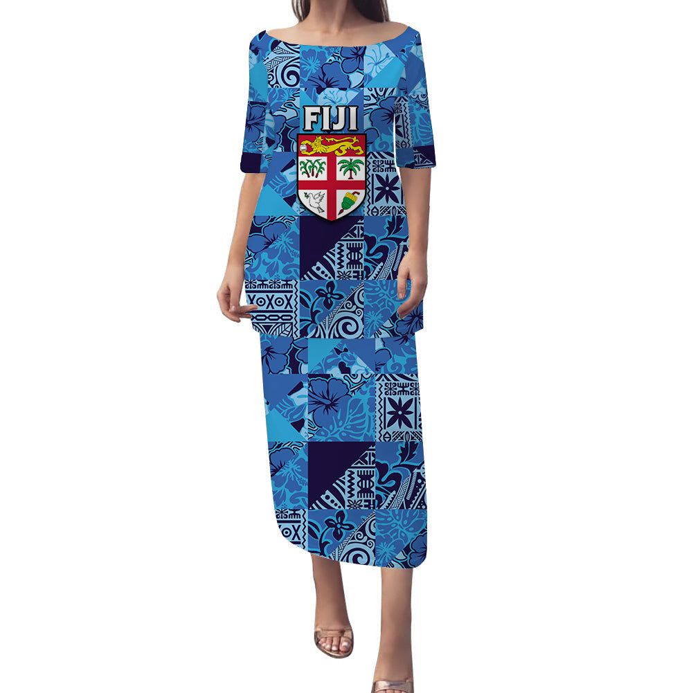 Fiji Puletasi Dress Vintage Hibiscus Fabric Pattern Ver.02 LT14 Blue - Polynesian Pride