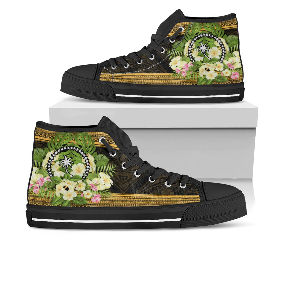 Chuuk State High Top Shoes - Polynesian Gold Patterns Collection Unisex Black - Polynesian Pride