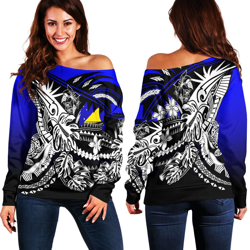 Tokelau Women's Off Shoulder Sweaters - Tribal Jungle Pattern Blue Color Blue - Polynesian Pride