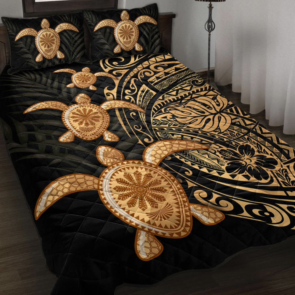 Polynesian Turtle Quilt Bed Set Honu Family Gold LT4 Black - Polynesian Pride