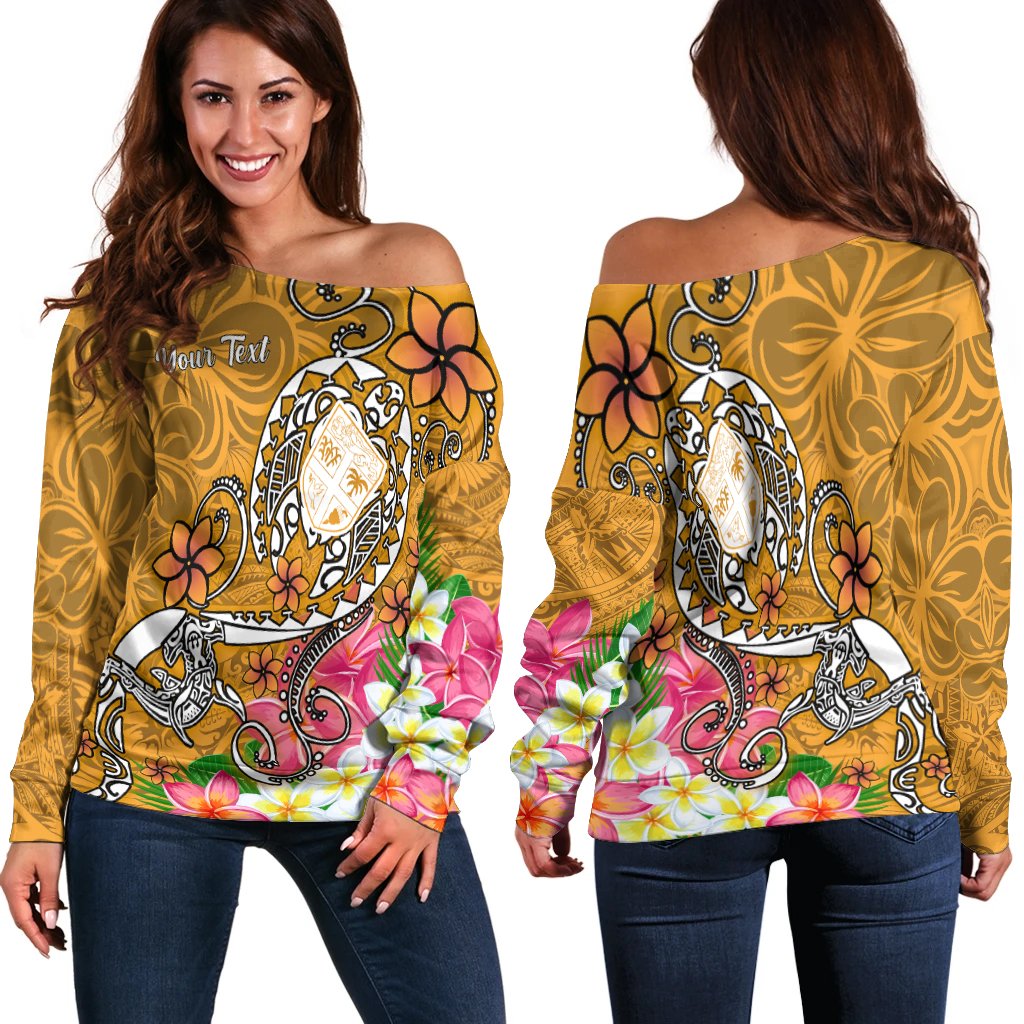 Fiji Custom Personalised Women's Off Shoulder Sweater - Turtle Plumeria (Gold) Gold - Polynesian Pride