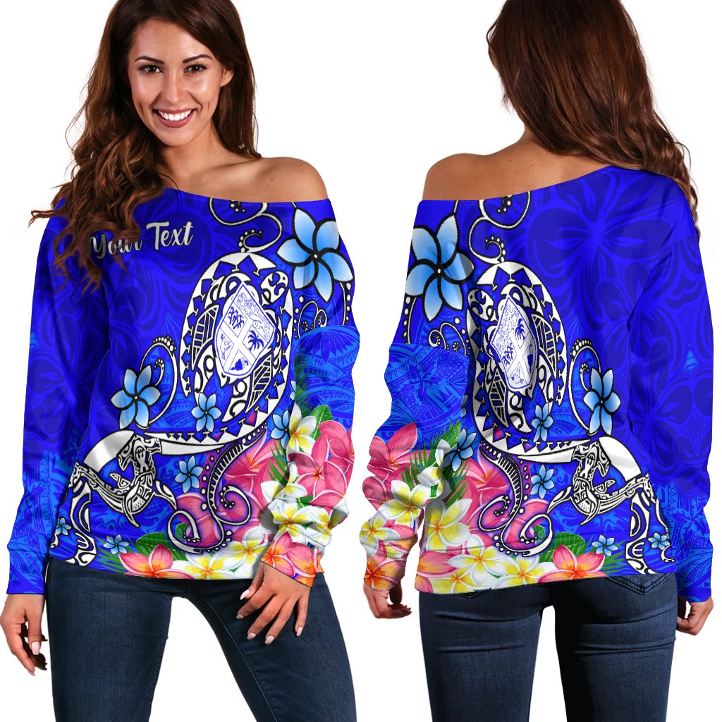 Fiji Custom Personalised Women's Off Shoulder Sweater - Turtle Plumeria (Blue) Blue - Polynesian Pride