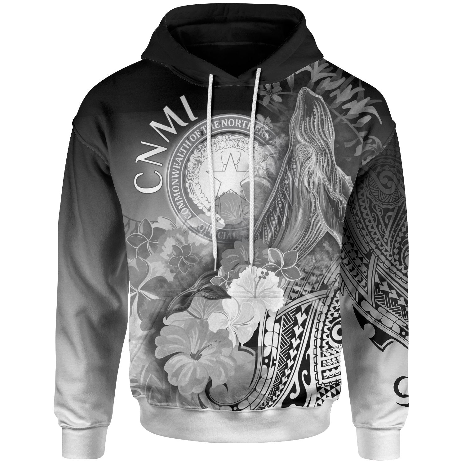 CNMI Hoodie Humpback Whale with Tropical Flowers (White) Unisex White - Polynesian Pride