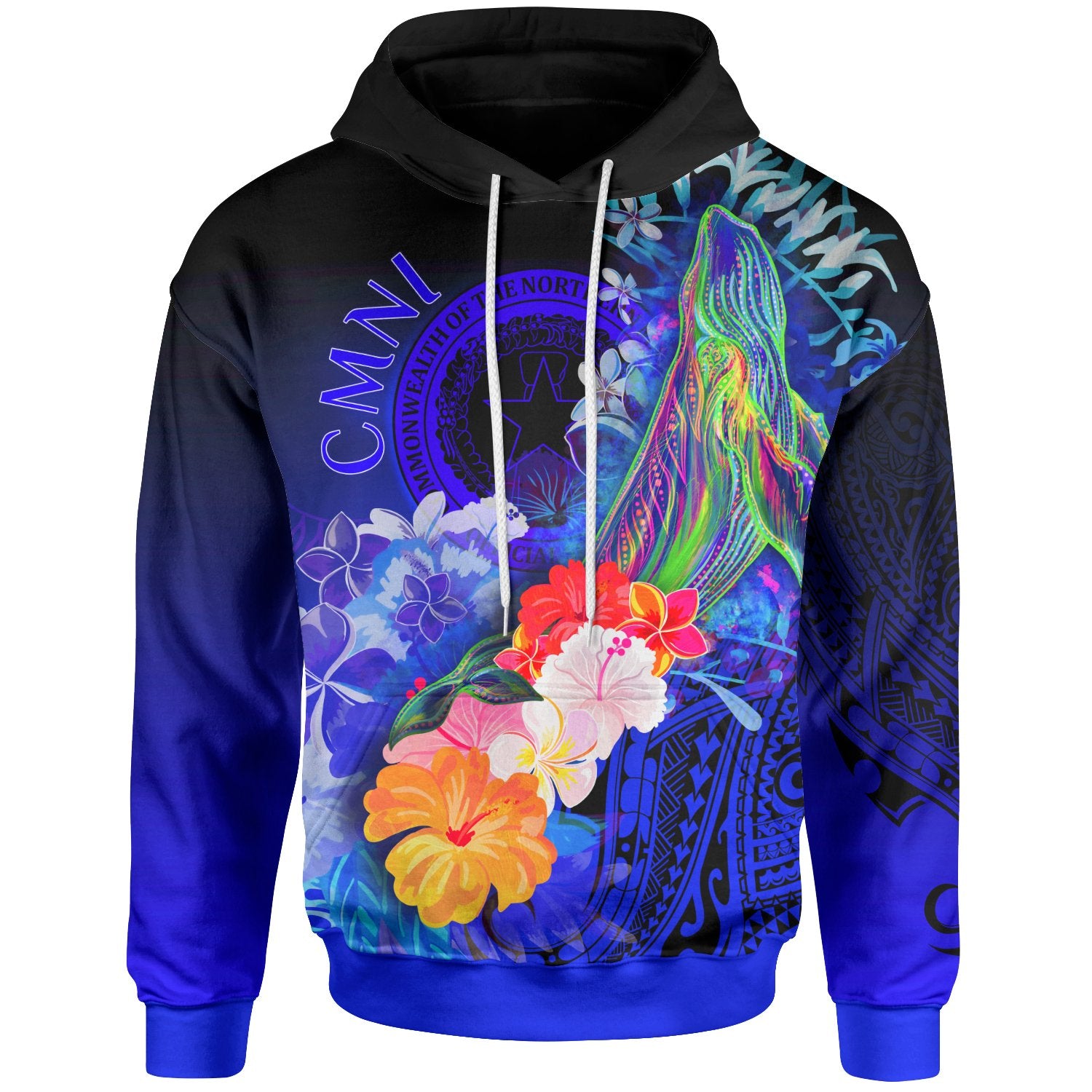 CNMI Hoodie Humpback Whale with Tropical Flowers (Blue) Unisex Blue - Polynesian Pride
