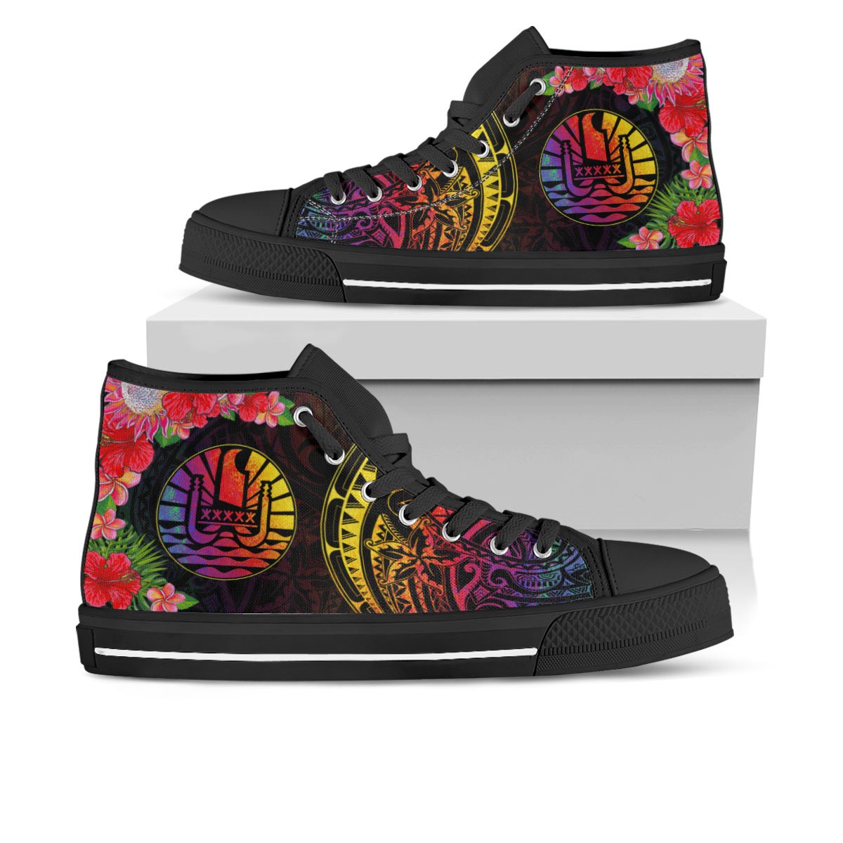 French Polynesia High Top Shoes - Tropical Hippie Style Unisex Black - Polynesian Pride