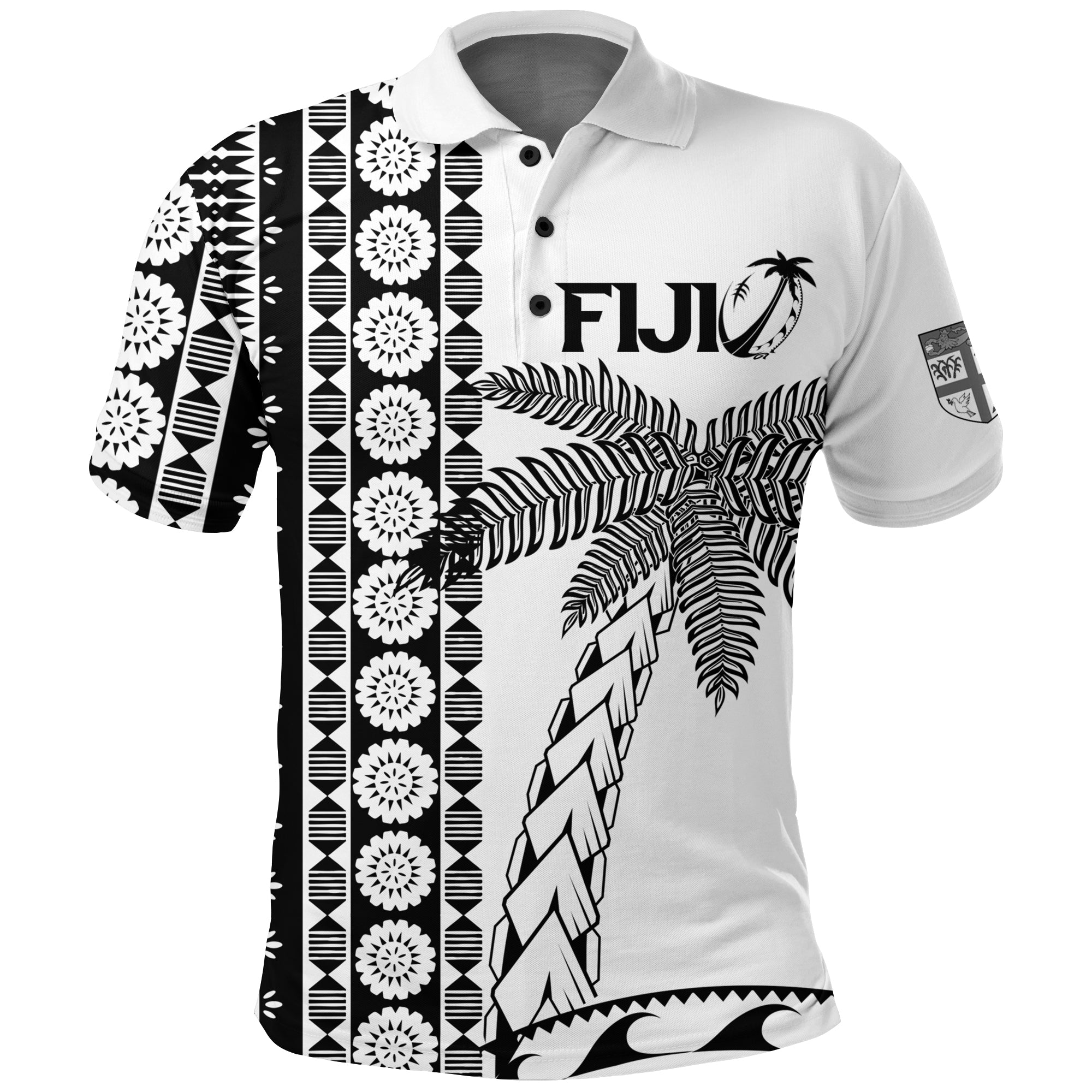 Fiji Rugby Polo Shirt Coconut Tree With Tapa Pattern LT12 Unisex White - Polynesian Pride