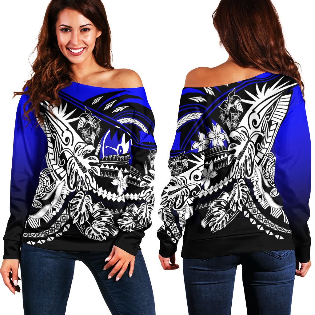Yap Women's Off Shoulder Sweaters - Tribal Jungle Pattern Blue Color Blue - Polynesian Pride