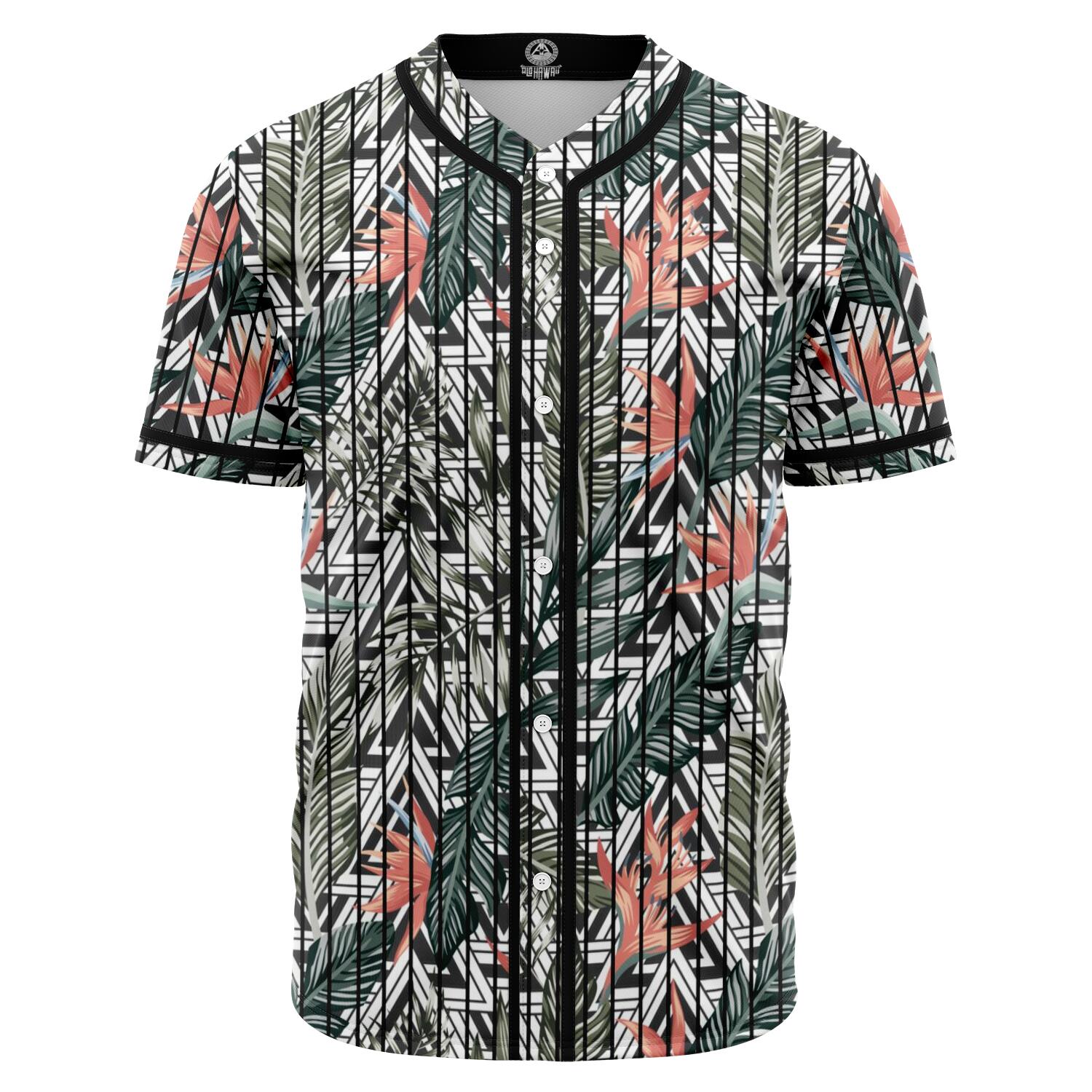 Tropical Palm Leaves And Flowers Baseball Jersey Black - Polynesian Pride