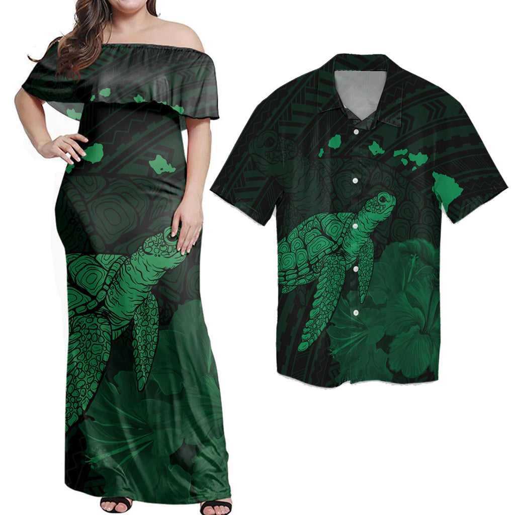 Matching Couple Hawaiian Outfits Dress and Hawaiian Shirt Hawaii Polynesian Hibiscus Turtle Map Green RLT14 - Polynesian Pride