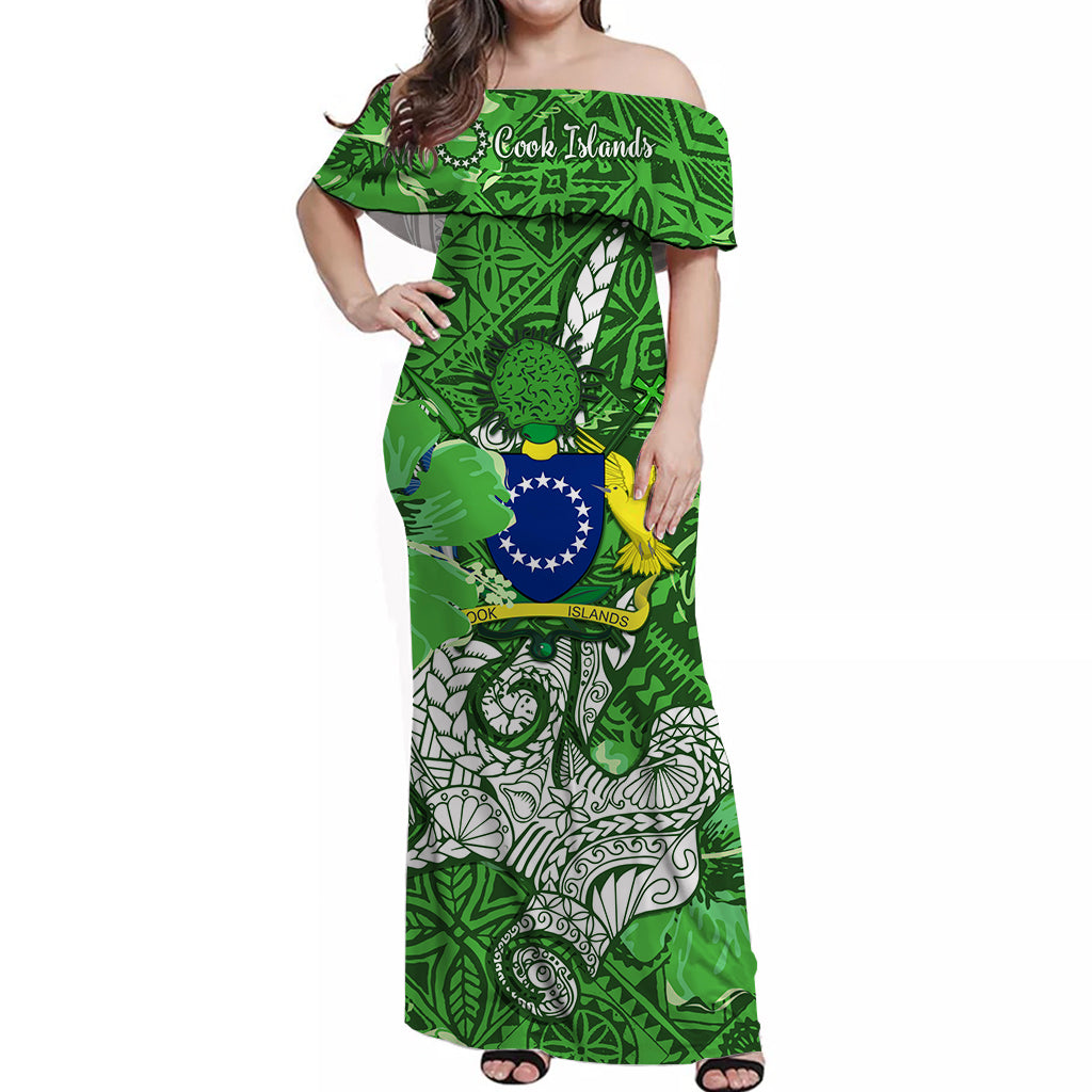 Cook Islands Off Shoulder Long Dress Hammerhead Shark Green LT13 Long Dress Green - Polynesian Pride