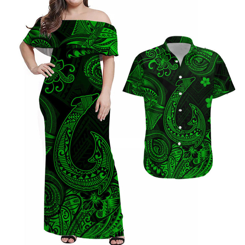 Hawaii Fish Hook Polynesian Matching Dress and Hawaiian Shirt Matching Couples Outfit Unique Style Green LT8 Green - Polynesian Pride