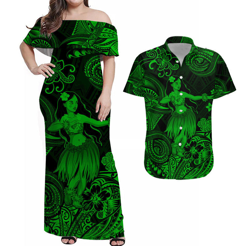 Hawaii Hula Girl Polynesian Matching Dress and Hawaiian Shirt Matching Couples Outfit Unique Style Green LT8 Green - Polynesian Pride