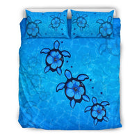 Hawaiian Turtle Hibiscus Swim In Sea Bedding Set Black - Polynesian Pride