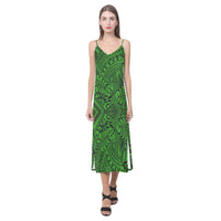 Tonga Pattern V - Neck Open Fork Long Dress - Green Style Green Women - Polynesian Pride